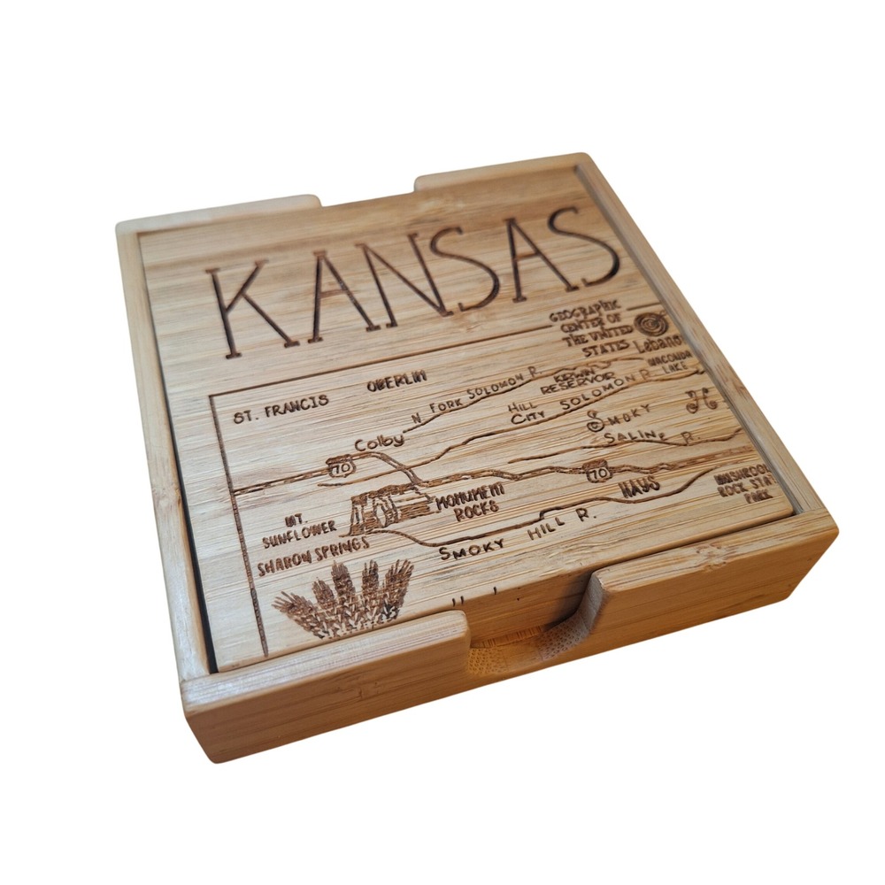 Kansas Sunflower State‎ Bamboo Coasters Set with Holder Map Engraved